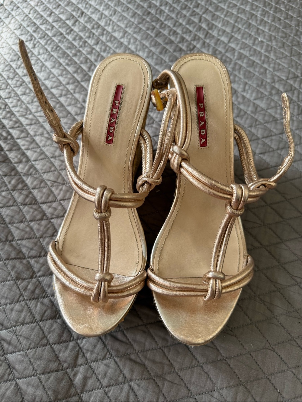Prada Metallic Rose Gold Knot-Strap Heeled Sandals
